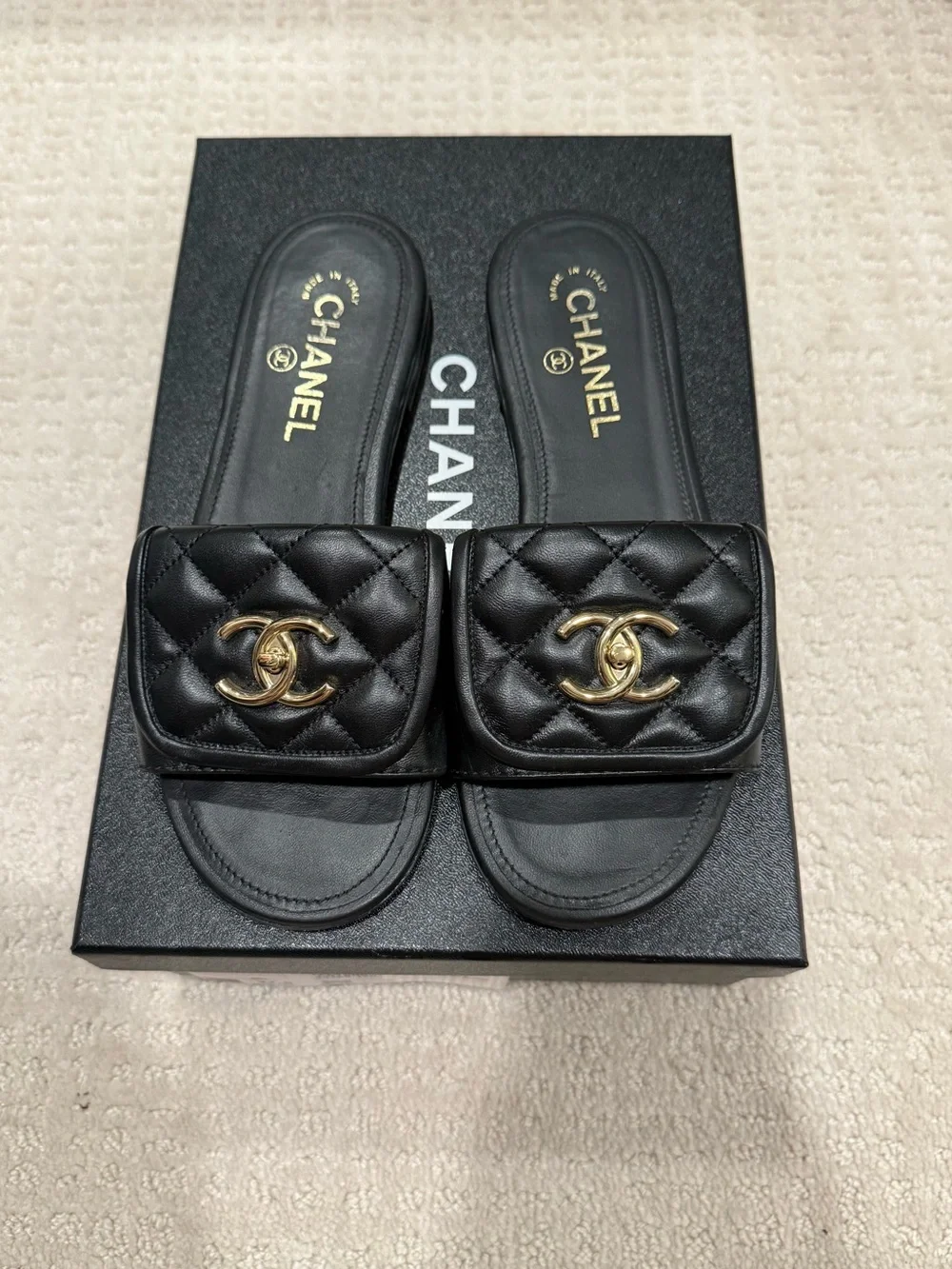 CHANEL Black Leather Logo Heel Slides